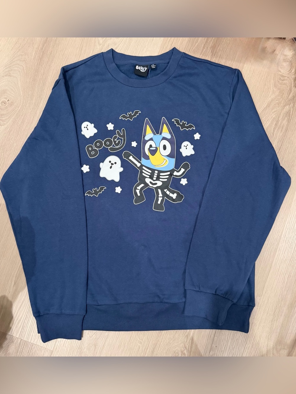 New Men’s Sz L Bluey Booey Sweatshirt Blue Long Sleeve Halloween Skeleton Ghost